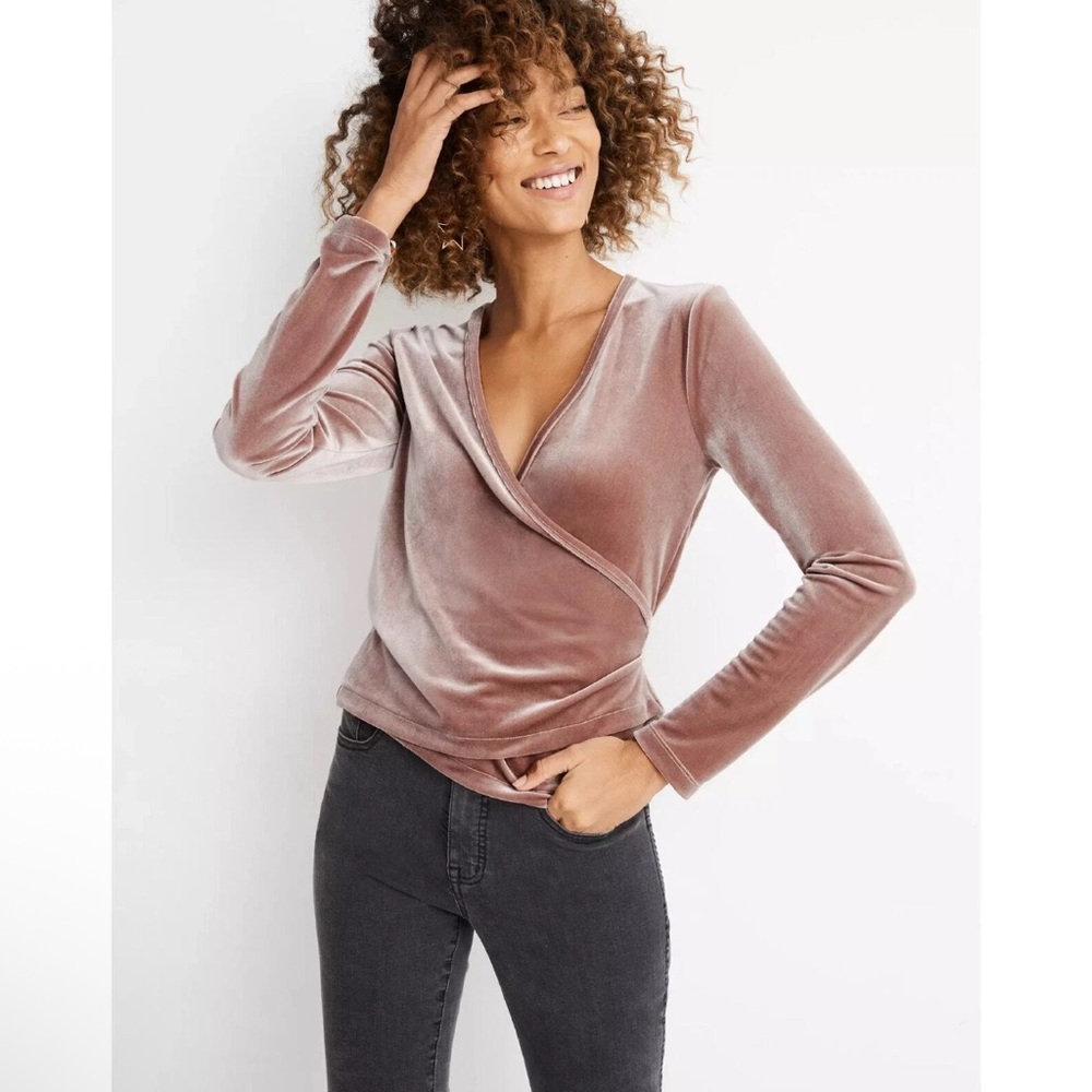 Madewell Velvet Ballet Wrap Top Medium brown Taupe Long Sleeve V-Neck Adjustable